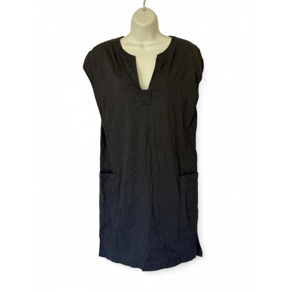 Theory Saturnina Eco Crunch Linen Split V-Neck Shift Dress - Navy Blue Size S